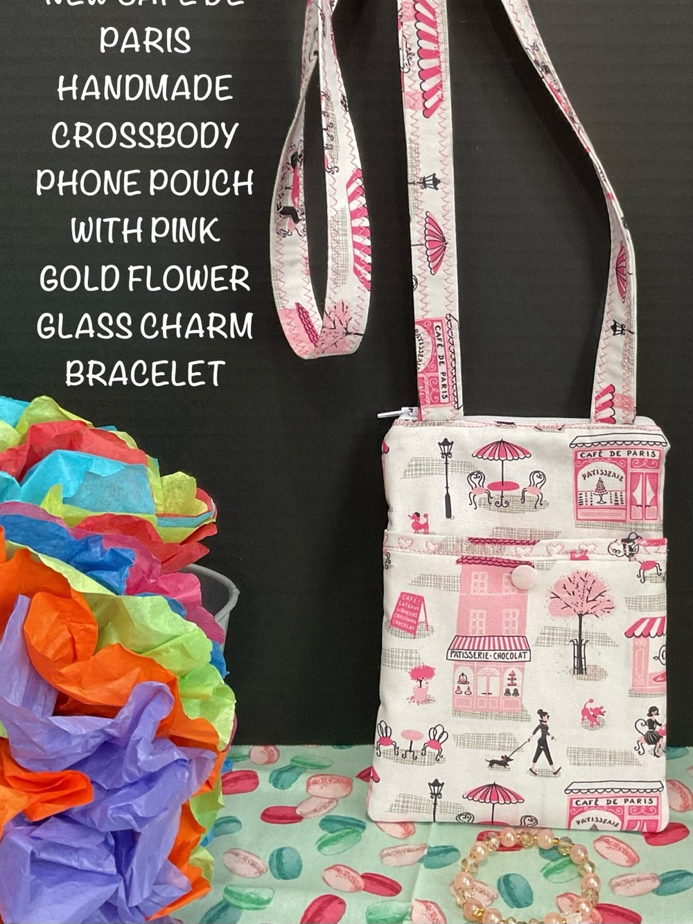 NEW CAFE DE PARIS HANDMADE CROSSBODY PHONE POUCH WITH GLASS PINK BRACELET CHARM
